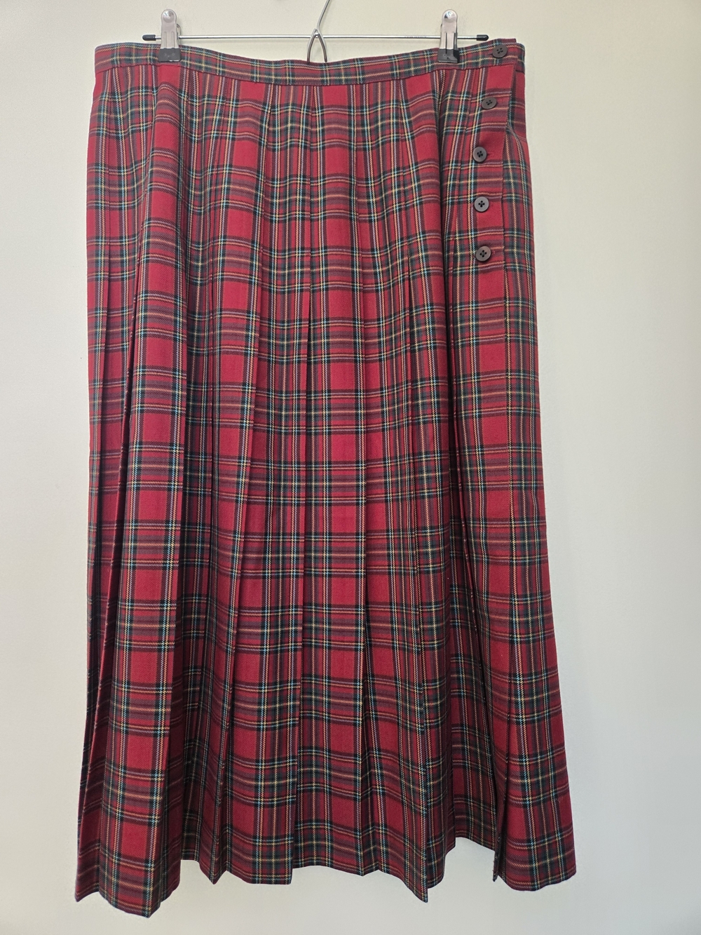 Vintage Wool Classic Red Plaid Pleated Midi Skirt